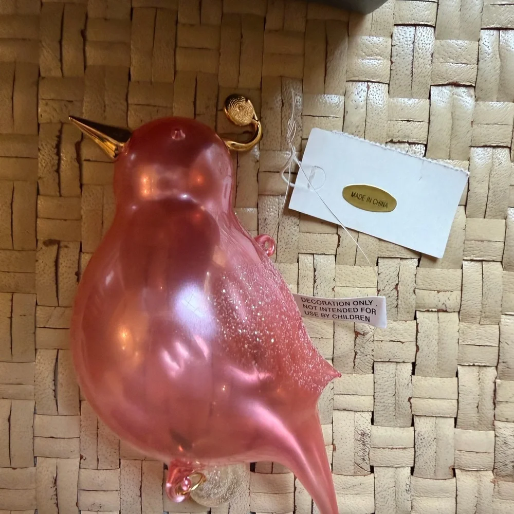 Pink Bird Blown Glass glitter Feather Hanging Ornament 6”